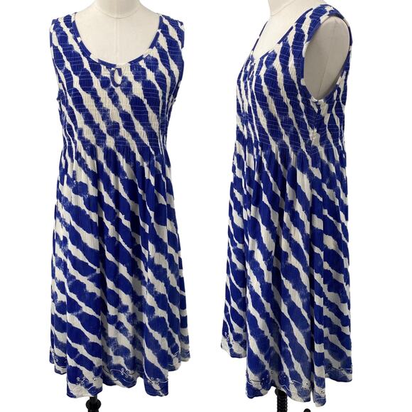 Soft Surroundings Midi Sun Dress Beaded Embroidered Boho Print Blue Small Petite - Picture 1 of 10